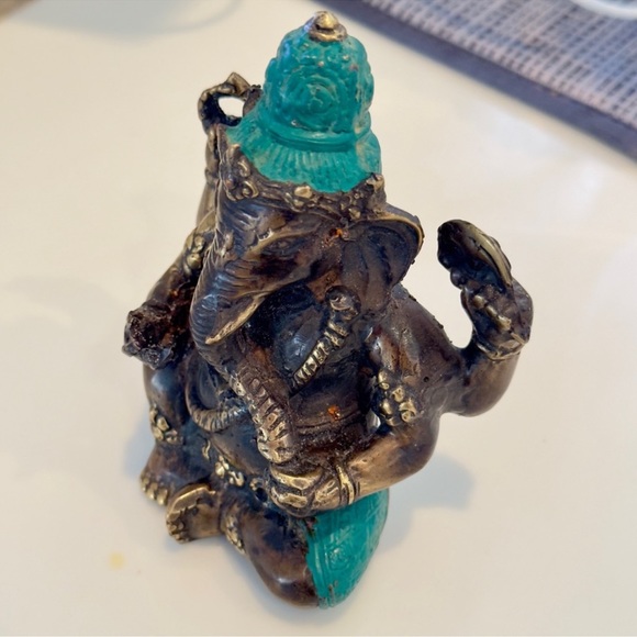 ⚜️Heavy Bronze Buddha Elephant God Ganesha - Turquoise Teal Accents - 5.5” tall! - Picture 9 of 12